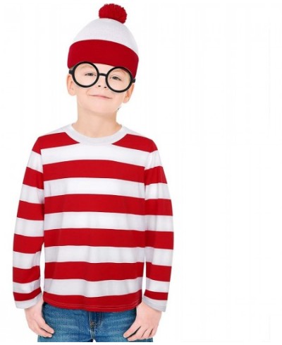 Kid's Halloween Costume Set Red and White Striped T-shirt Beanie Hat Nerd Glasses $41.40 - Kids' Costumes