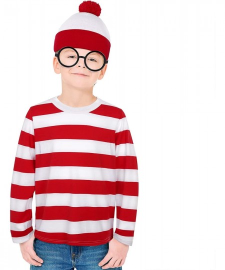 Kid's Halloween Costume Set Red and White Striped T-shirt Beanie Hat Nerd Glasses $41.40 - Kids' Costumes