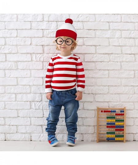 Kid's Halloween Costume Set Red and White Striped T-shirt Beanie Hat Nerd Glasses $41.40 - Kids' Costumes