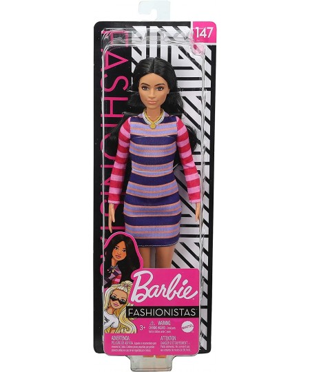 Fashionistas Doll 147 with Long Brunette Hair Wearing Striped Dress Orange Shoes & Necklace Toy for Kids 3 to 8 Years Old $43...