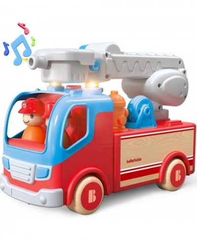 Wooden Fire Truck Toys with Bright Lights Sound Effects and Retractable Fire Ladder Toddler Wooden Toy Cars Trucks Vehicle $4...