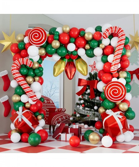 Christmas Balloons Garland Arch Kit 152Pcs with Xmas Red Gold White Dark Green Balloon Candy Cane Gift Box Light Bulb Foil Ba...