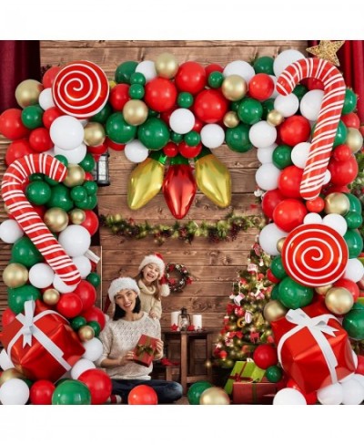 Christmas Balloons Garland Arch Kit 152Pcs with Xmas Red Gold White Dark Green Balloon Candy Cane Gift Box Light Bulb Foil Ba...