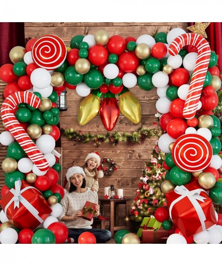 Christmas Balloons Garland Arch Kit 152Pcs with Xmas Red Gold White Dark Green Balloon Candy Cane Gift Box Light Bulb Foil Ba...