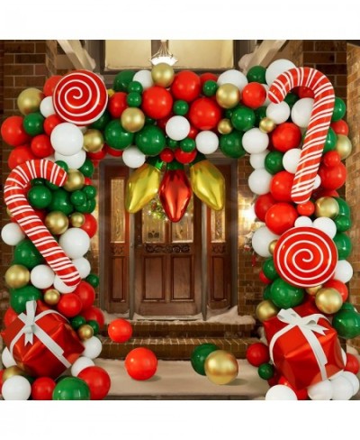 Christmas Balloons Garland Arch Kit 152Pcs with Xmas Red Gold White Dark Green Balloon Candy Cane Gift Box Light Bulb Foil Ba...