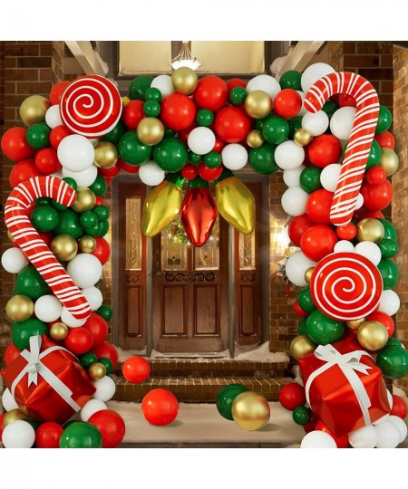 Christmas Balloons Garland Arch Kit 152Pcs with Xmas Red Gold White Dark Green Balloon Candy Cane Gift Box Light Bulb Foil Ba...