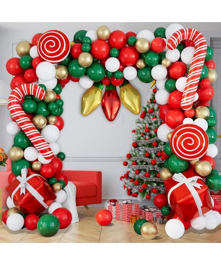 Christmas Balloons Garland Arch Kit 152Pcs with Xmas Red Gold White Dark Green Balloon Candy Cane Gift Box Light Bulb Foil Ba...