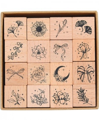 16cs Wood Rubber Stamp Set Botanical Decorative Wooden Stamp Set Bowknot Flower Leaf Stamp for Art Craft Journal Diary Scrapb...