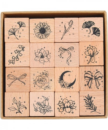 16cs Wood Rubber Stamp Set Botanical Decorative Wooden Stamp Set Bowknot Flower Leaf Stamp for Art Craft Journal Diary Scrapb...