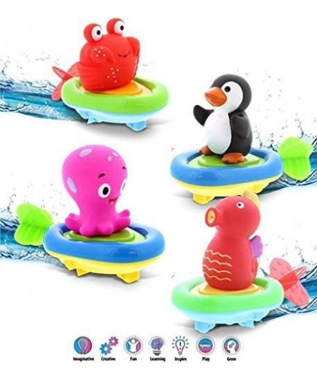 Sea Life Boat Racers Bundle Set of 4 - 3-in-1 Bath Toy Pull & Go Floating Water Racing Floor Racing & Finger Puppet for Pool ...