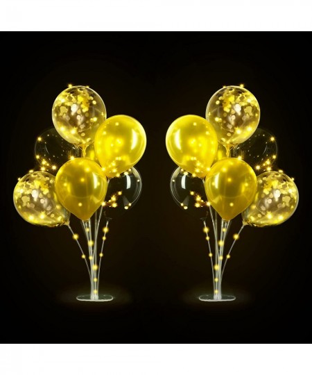 2 Set Table Balloon Stand Kit with Lights Light Up Balloon Holder Include 16 Black Gold Latex Confetti Balloons Christmas Par...