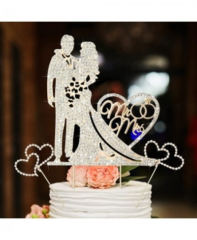 3 Pack Mr and Mrs Cake Topper Rhinestone Metal Love Wedding Cake Topper Crystal Heart Shaped Cake Toppers Funny Diamond Bride...