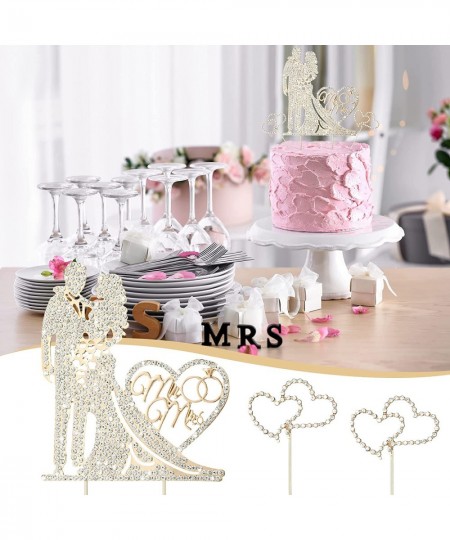 3 Pack Mr and Mrs Cake Topper Rhinestone Metal Love Wedding Cake Topper Crystal Heart Shaped Cake Toppers Funny Diamond Bride...