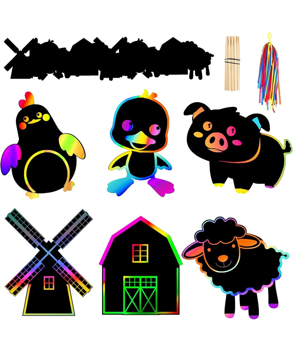 Farm Animal Scratch Paper Art Card 36Pck Fun Barnyard Animals Rainbow Color Scratch Craft Art Farmhouse Classroom Ornaments D...