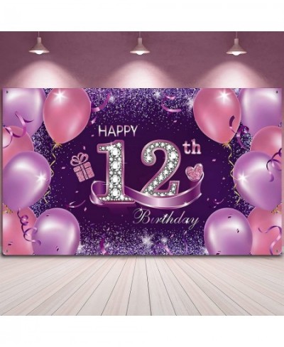 Happy Birthday Party Decorations Large Fabric Happy 12th Anniversary Birthday Sign Banner Pink Purple Photo Booth Backdrop Ba...