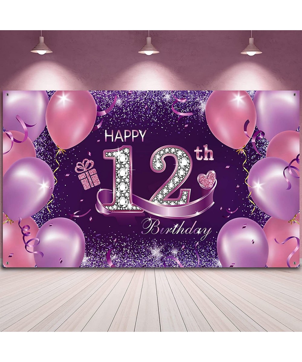 Happy Birthday Party Decorations Large Fabric Happy 12th Anniversary Birthday Sign Banner Pink Purple Photo Booth Backdrop Ba...