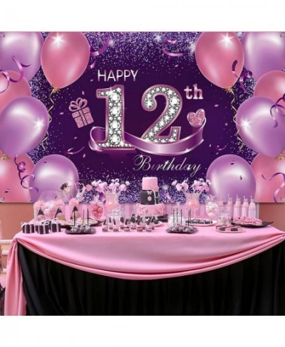 Happy Birthday Party Decorations Large Fabric Happy 12th Anniversary Birthday Sign Banner Pink Purple Photo Booth Backdrop Ba...