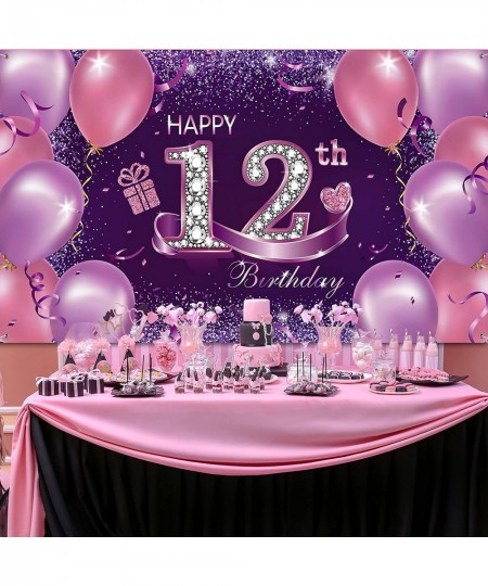 Happy Birthday Party Decorations Large Fabric Happy 12th Anniversary Birthday Sign Banner Pink Purple Photo Booth Backdrop Ba...