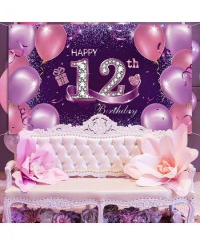 Happy Birthday Party Decorations Large Fabric Happy 12th Anniversary Birthday Sign Banner Pink Purple Photo Booth Backdrop Ba...