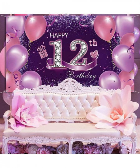 Happy Birthday Party Decorations Large Fabric Happy 12th Anniversary Birthday Sign Banner Pink Purple Photo Booth Backdrop Ba...