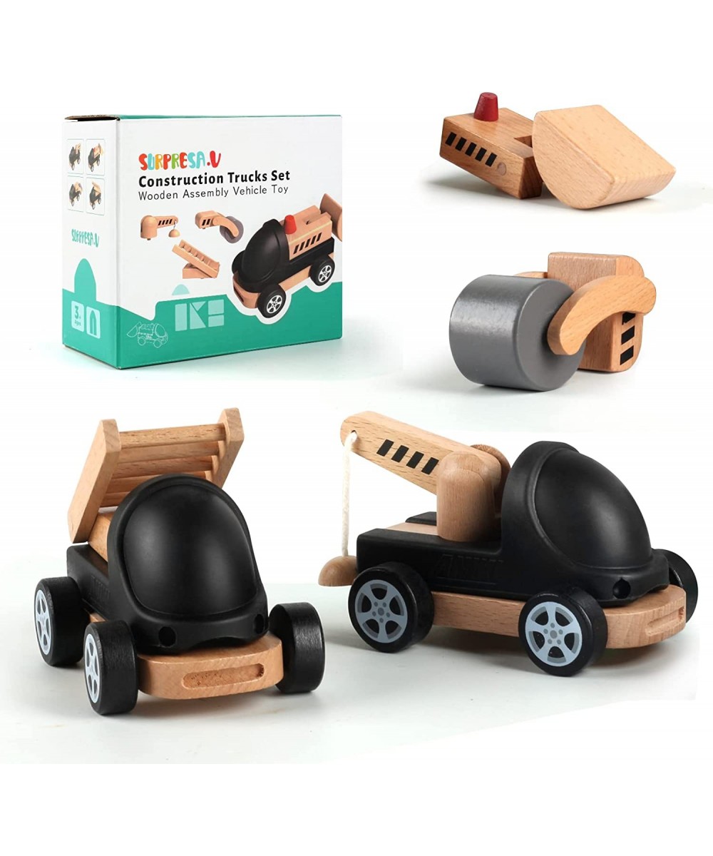 Cute Baby Wooden Car Toys 4 Kinds Wooden Construction Work Vehicles Detachable Components Fine Movement Development and Infan...