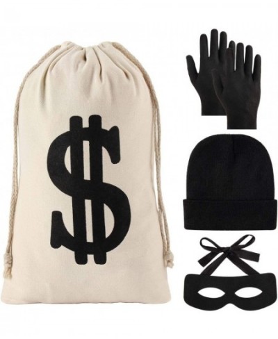 4 Pieces Robber Costume Set Include Canvas Dollar Sign Money Bags Bandit Eye Mask Knit Beanie Cap for Halloween Cosplay Burgl...