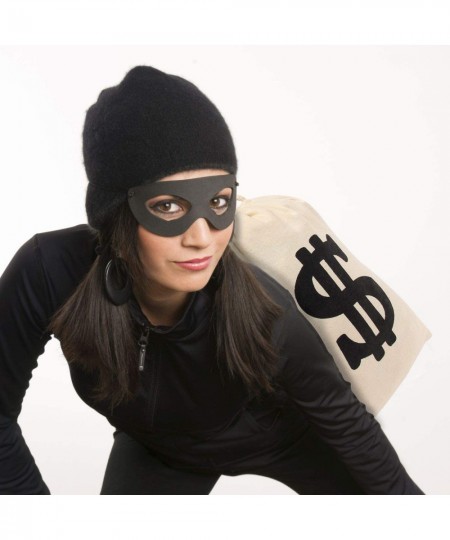 4 Pieces Robber Costume Set Include Canvas Dollar Sign Money Bags Bandit Eye Mask Knit Beanie Cap for Halloween Cosplay Burgl...