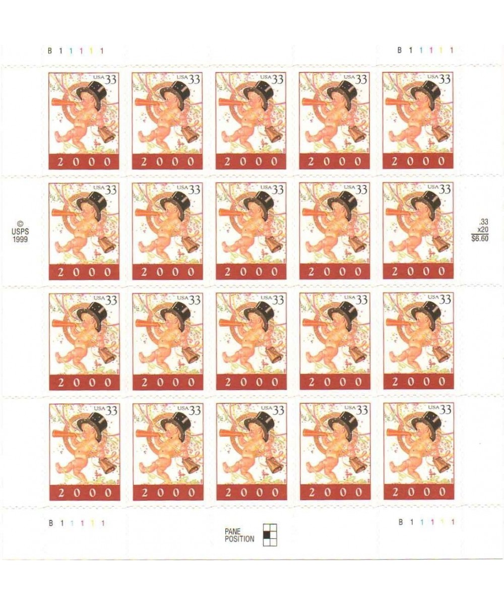 Happy New Year Baby Full Pane of 20 x 33-Cent Postage Stamps USA 2000 Scott 3369 $16.05 - Collectible Postage Stamps