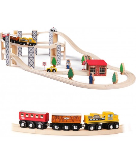 Wooden Train Set Toy with Rail High Level Part 50 PCS Flyover Overpass Wooden Train Playset with 5 Magnetic Train Cars for To...