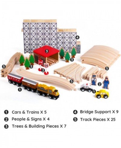 Wooden Train Set Toy with Rail High Level Part 50 PCS Flyover Overpass Wooden Train Playset with 5 Magnetic Train Cars for To...