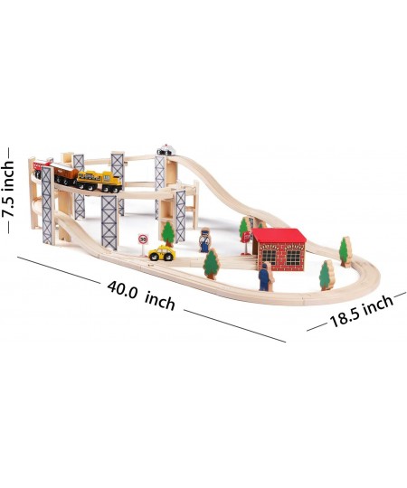 Wooden Train Set Toy with Rail High Level Part 50 PCS Flyover Overpass Wooden Train Playset with 5 Magnetic Train Cars for To...