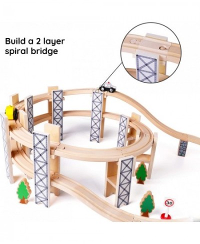 Wooden Train Set Toy with Rail High Level Part 50 PCS Flyover Overpass Wooden Train Playset with 5 Magnetic Train Cars for To...