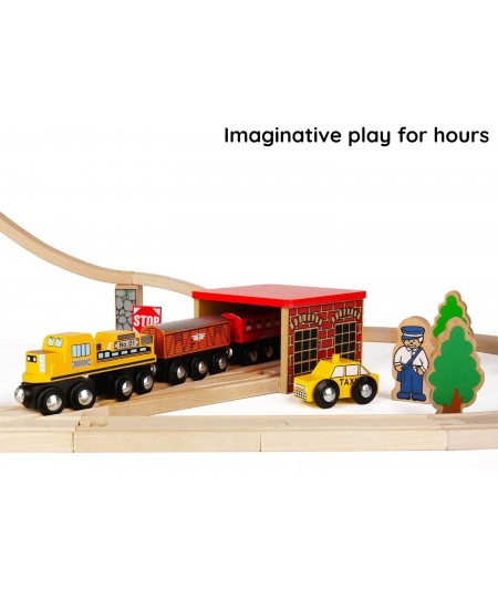 Wooden Train Set Toy with Rail High Level Part 50 PCS Flyover Overpass Wooden Train Playset with 5 Magnetic Train Cars for To...