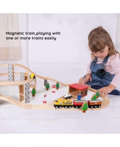 Wooden Train Set Toy with Rail High Level Part 50 PCS Flyover Overpass Wooden Train Playset with 5 Magnetic Train Cars for To...