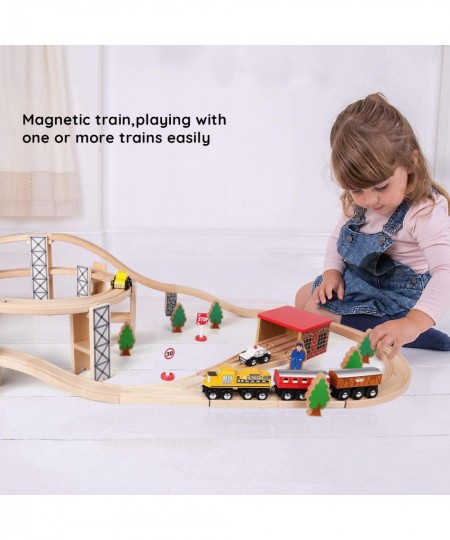 Wooden Train Set Toy with Rail High Level Part 50 PCS Flyover Overpass Wooden Train Playset with 5 Magnetic Train Cars for To...