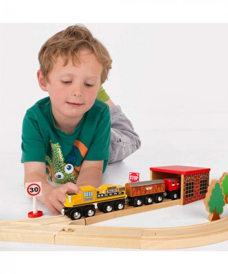 Wooden Train Set Toy with Rail High Level Part 50 PCS Flyover Overpass Wooden Train Playset with 5 Magnetic Train Cars for To...