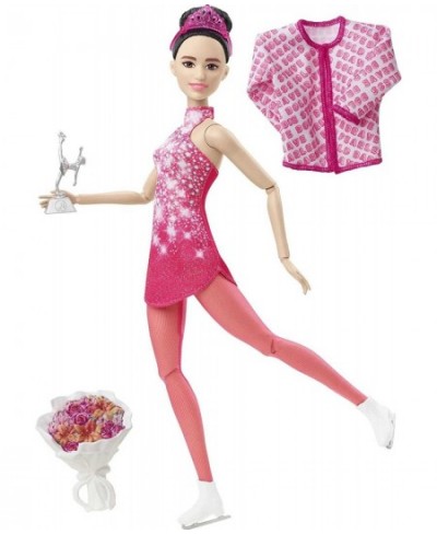 Winter Sports Ice Skater Brunette Doll (12 Inches) with Pink Dress Jacket Rose Bouquet & Trophy Great Gift for Ages 3 and Up ...