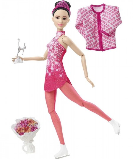 Winter Sports Ice Skater Brunette Doll (12 Inches) with Pink Dress Jacket Rose Bouquet & Trophy Great Gift for Ages 3 and Up ...