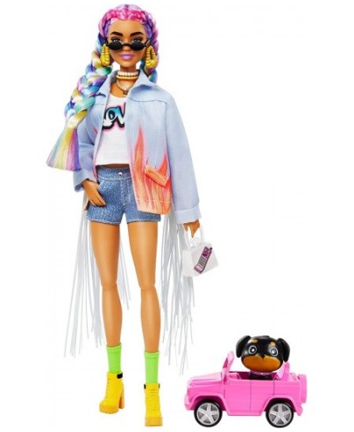 Extra Doll 5 in Long-Fringe Denim Jacket with Puppy Rainbow Braids Layered Outfit & Accessories Including Car for Pet Multipl...