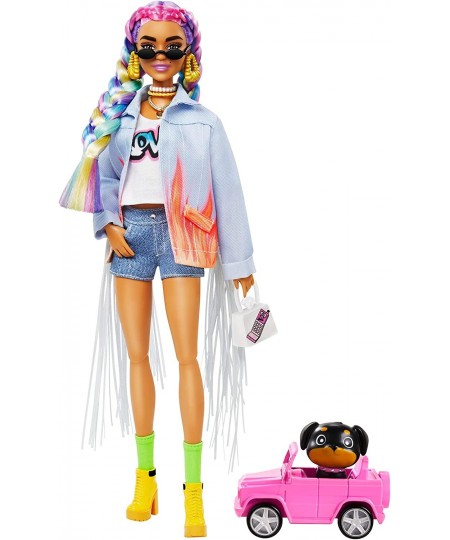 Extra Doll 5 in Long-Fringe Denim Jacket with Puppy Rainbow Braids Layered Outfit & Accessories Including Car for Pet Multipl...