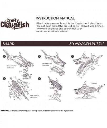 3D Wooden Shark Puzzle Non-Toxic Build Your Own Wooden Mechanical Toy Craft DIY Kit Perfect for Fun Educational STEM Activiti...