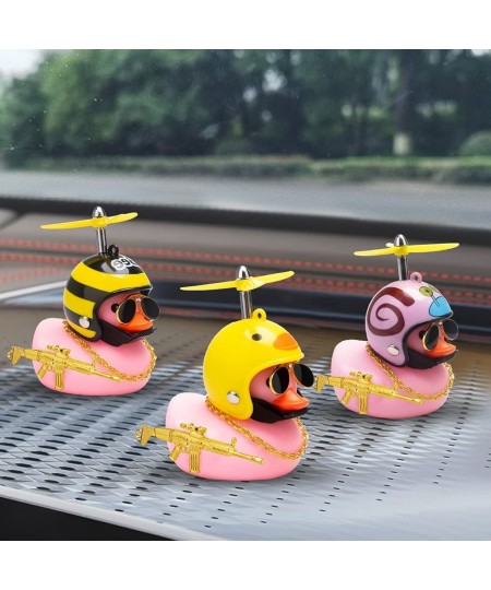 Rubber Duck Toy Car Ornaments Pink Duck Car Dashboard Decorations Set with Propeller Helmet Sunglasses and Gold Chain. (W-Pin...