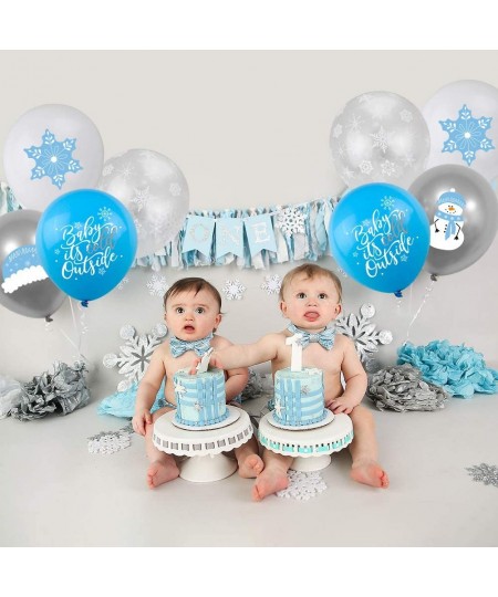 Winter Theme Balloons 50 Pcs Blue White Silver Snowflakes Latex Balloons for Baby It's Cold Outside Winter Wonderland Party D...