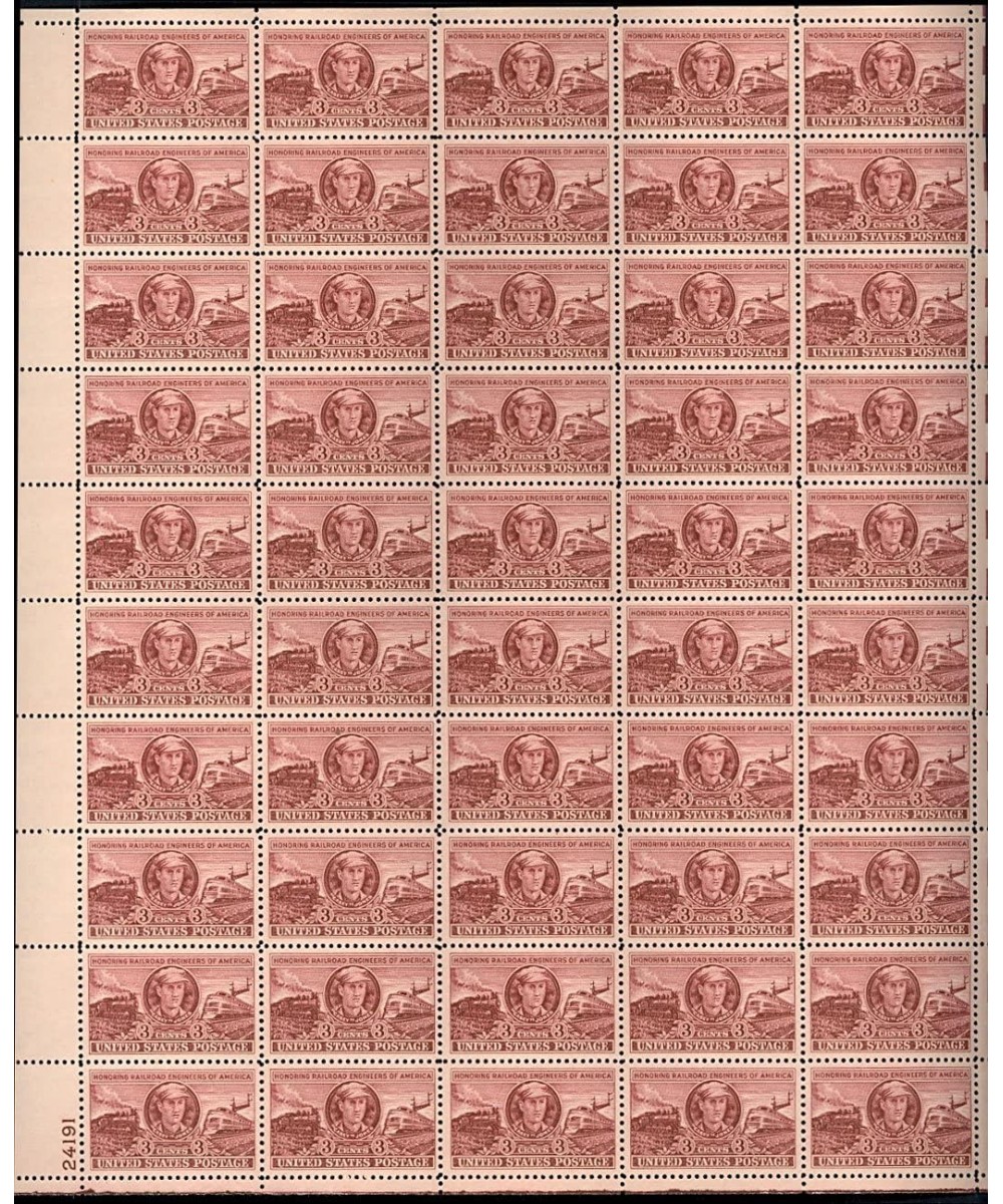 Railroad Engineers Complete Sheet of 50 3 Cent Stamps Scott 993 $21.92 - Collectible Postage Stamps