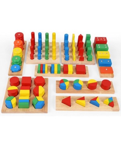 TOWO Wooden Geometric Shapes Stacking Rings and Fractions Boards 8 in 1 Set Puzzles- Shape Sorter Sorting Toy Stacking Game –...