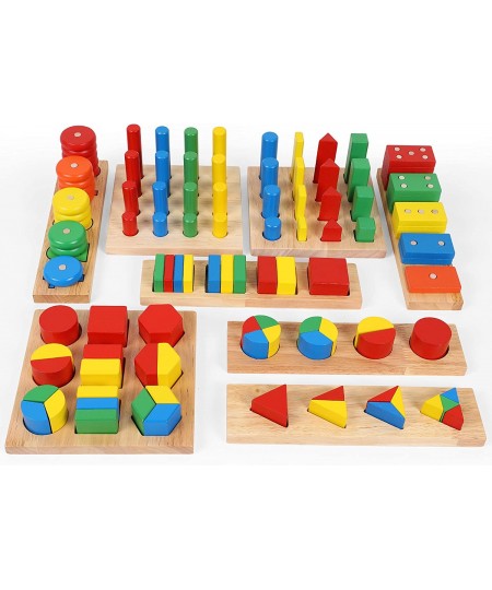 TOWO Wooden Geometric Shapes Stacking Rings and Fractions Boards 8 in 1 Set Puzzles- Shape Sorter Sorting Toy Stacking Game –...