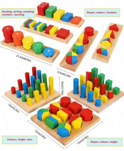 TOWO Wooden Geometric Shapes Stacking Rings and Fractions Boards 8 in 1 Set Puzzles- Shape Sorter Sorting Toy Stacking Game –...