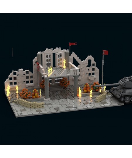 1427Pcs+ Building Blocks Set WWII Series Military Scenes Office Building Battle Ruins Model (Without Tank) MOC Building Brick...