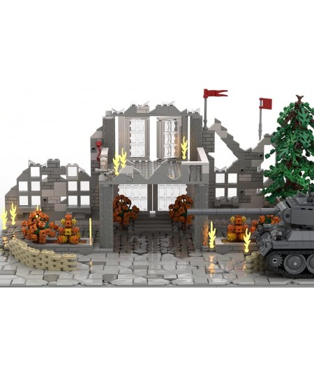 1427Pcs+ Building Blocks Set WWII Series Military Scenes Office Building Battle Ruins Model (Without Tank) MOC Building Brick...