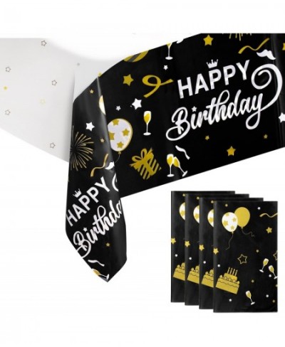 Happy Birthday Table Cloth Cover Party Decorations Black and Gold Plastic Tablecloths for Birthday Party Supplies Pack of 4 5...